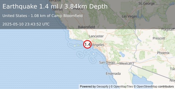 Earthquake 13 km WNW of Malibu, CA (1.5 ml) (2025-05-10 23:43:51 UTC)