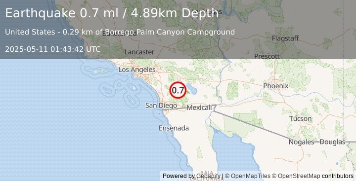 Earthquake 4 km WNW of Borrego Springs, CA (0.7 ml) (2025-05-11 01:43:42 UTC)
