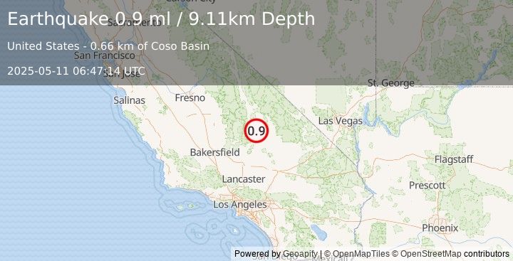 Earthquake 16 km E of Little Lake, CA (0.9 ml) (2025-05-11 06:47:14 UTC)