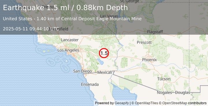 Earthquake 20 km NW of Desert Center, CA (1.5 ml) (2025-05-11 09:44:10 UTC)