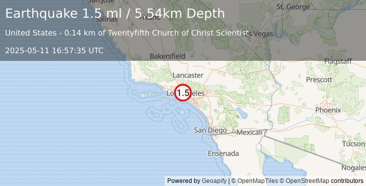 Earthquake 4 km SSE of West Hollywood, CA (1.5 ml) (2025-05-11 16:57:35 UTC)