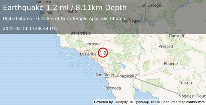Earthquake 2 km NNW of San Bernardino, CA (1.2 ml) (2025-05-11 17:08:44 UTC)