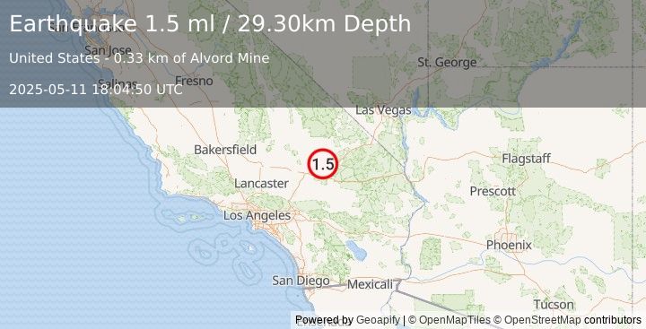Earthquake 22 km SSE of Fort Irwin, CA (1.5 ml) (2025-05-11 18:04:50 UTC)