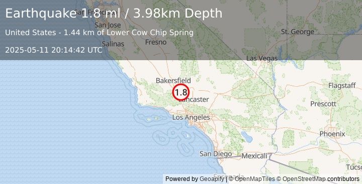 Earthquake 21 km NE of Lebec, CA (1.8 ml) (2025-05-11 20:14:42 UTC)