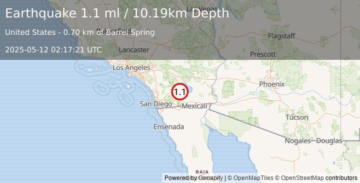 Earthquake 4 km NE of Ocotillo Wells, CA (1.1 ml) (2025-05-12 02:17:21 UTC)