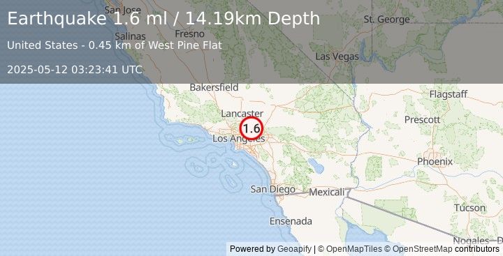 Earthquake 20 km WSW of Wrightwood, CA (1.6 ml) (2025-05-12 03:23:41 UTC)