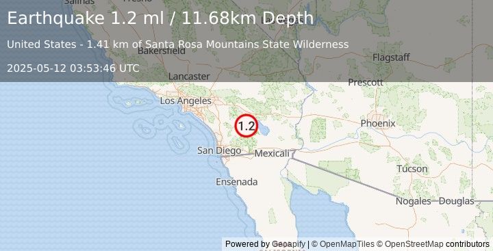 Earthquake 16 km NNE of Borrego Springs, CA (1.2 ml) (2025-05-12 03:53:46 UTC)