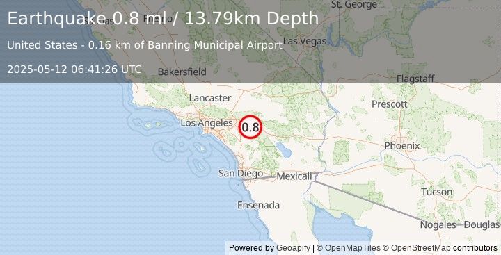 Earthquake 2 km ESE of Banning, CA (0.8 ml) (2025-05-12 06:41:26 UTC)