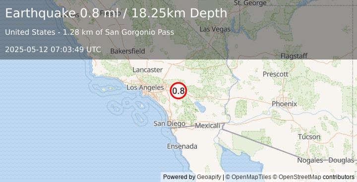 Earthquake 2 km ESE of Cabazon, CA (0.8 ml) (2025-05-12 07:03:49 UTC)