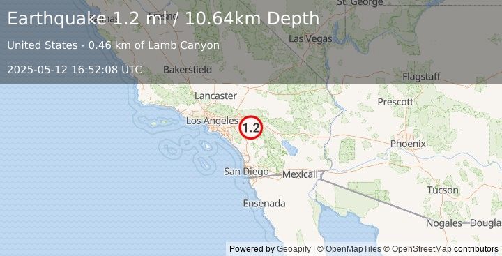 Earthquake 4 km SW of Beaumont, CA (1.1 ml) (2025-05-12 16:52:07 UTC)