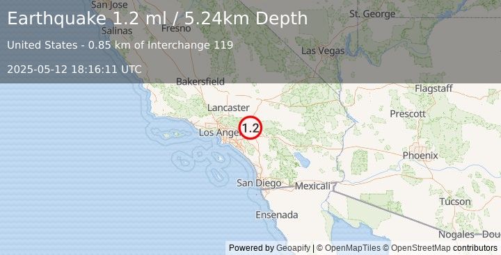 Earthquake 6 km SSW of Devore, CA (1.2 ml) (2025-05-12 18:16:11 UTC)