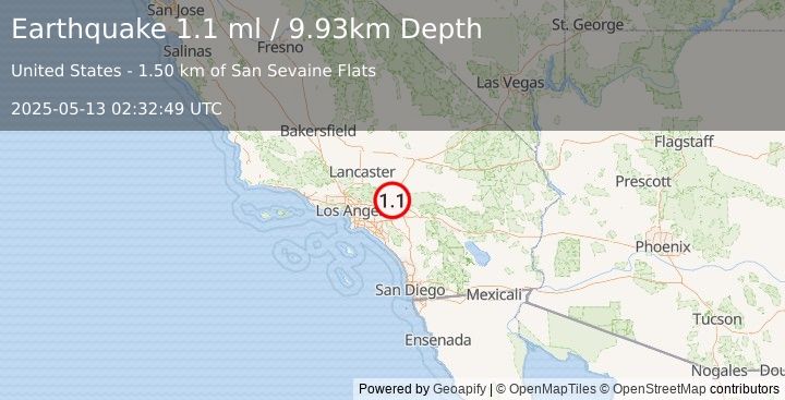 Earthquake 4 km SSW of Lytle Creek, CA (1.1 ml) (2025-05-13 02:32:49 UTC)