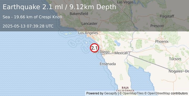 Earthquake 33 km WSW of Carlsbad, CA (2.1 ml) (2025-05-13 07:39:29 UTC)