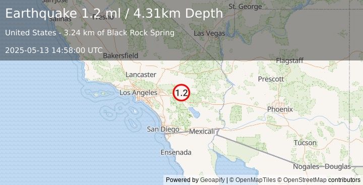 Earthquake 10 km SE of Yucca Valley, CA (1.2 ml) (2025-05-13 14:58:00 UTC)