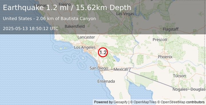 Earthquake 6 km SE of Valle Vista, CA (1.2 ml) (2025-05-13 18:50:12 UTC)