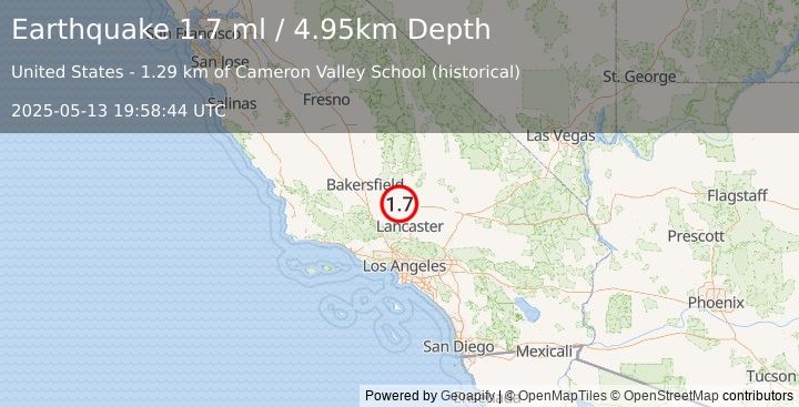 Earthquake 13 km SE of Tehachapi, CA (1.7 ml) (2025-05-13 19:58:44 UTC)