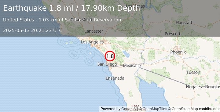 Earthquake 7 km ESE of Valley Center, CA (1.8 ml) (2025-05-13 20:21:23 UTC)