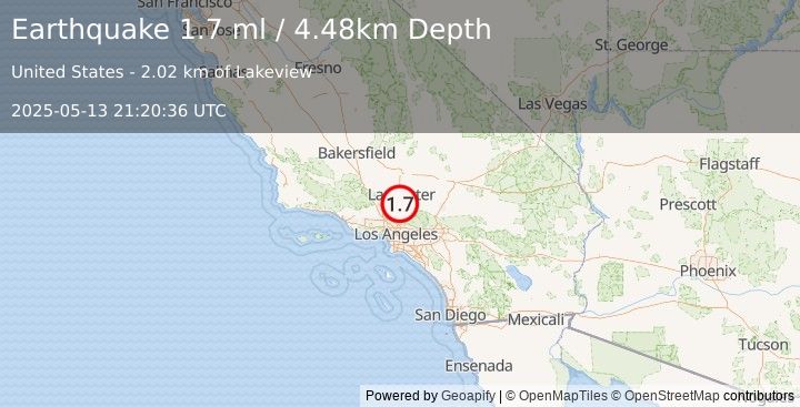 Earthquake 7 km NW of Vincent, CA (1.7 ml) (2025-05-13 21:20:36 UTC)