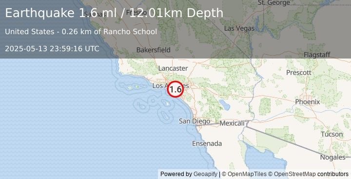 Earthquake 2 km SSW of La Mirada, CA (1.6 ml) (2025-05-13 23:59:16 UTC)