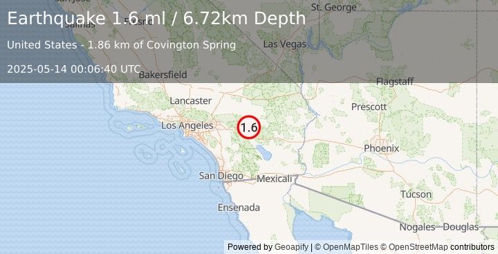 Earthquake 15 km SSE of Joshua Tree, CA (1.6 ml) (2025-05-14 00:06:40 UTC)