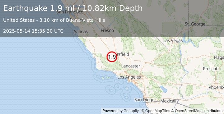 Earthquake 13 km N of Taft, CA (1.9 ml) (2025-05-14 15:35:29 UTC)