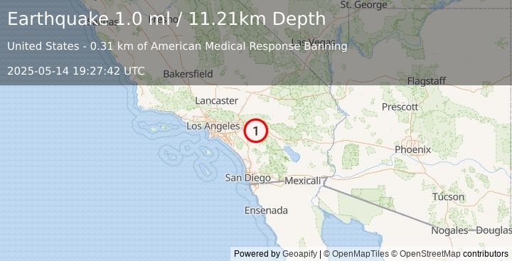 Earthquake 4 km W of Banning, CA (1.0 ml) (2025-05-14 19:27:42 UTC)