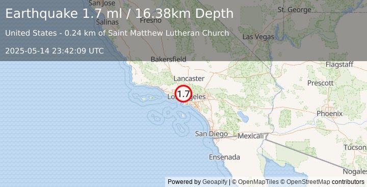 Earthquake 2 km SSE of North Hollywood, CA (1.7 ml) (2025-05-14 23:42:09 UTC)