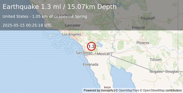 Earthquake 13 km NE of Julian, CA (1.3 ml) (2025-05-15 00:25:18 UTC)