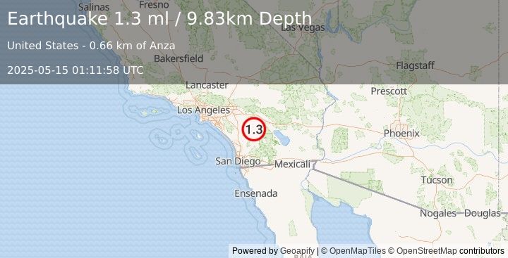 Earthquake 1 km ESE of Anza, CA (1.3 ml) (2025-05-15 01:11:58 UTC)