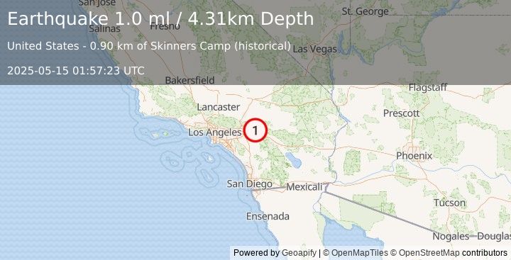 Earthquake 9 km NE of Yucaipa, CA (1.0 ml) (2025-05-15 01:57:23 UTC)