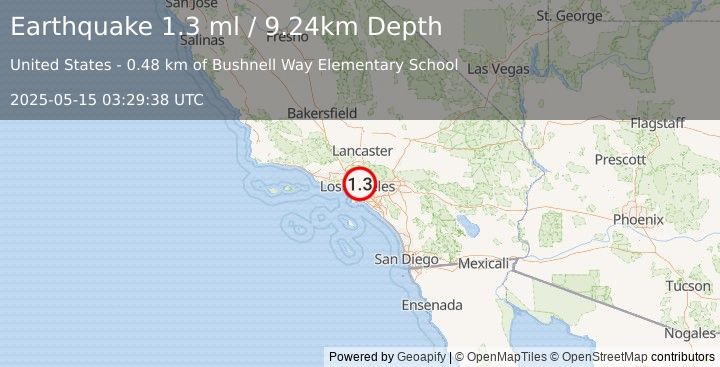 Earthquake 3 km SSE of Highland Park, CA (1.3 ml) (2025-05-15 03:29:38 UTC)