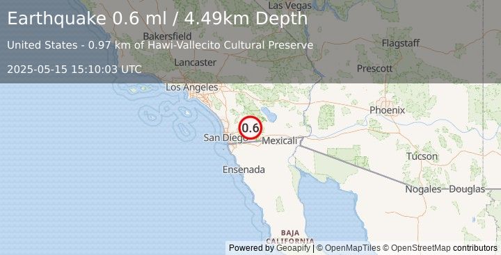 Earthquake 22 km NE of Pine Valley, CA (0.6 ml) (2025-05-15 15:10:03 UTC)