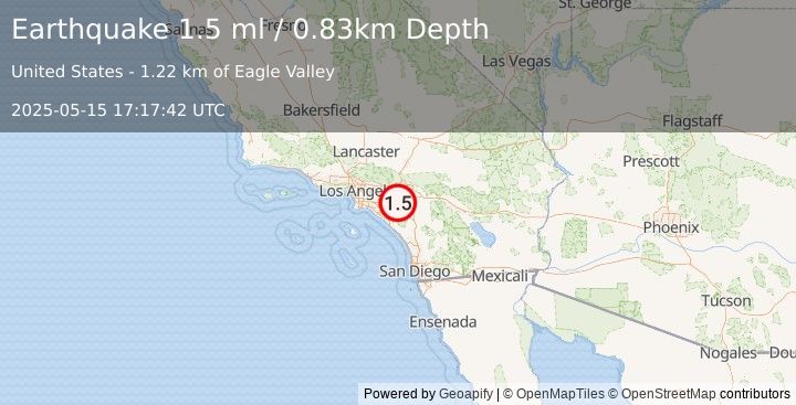Earthquake 4 km SE of Home Gardens, CA (1.5 ml) (2025-05-15 17:17:42 UTC)
