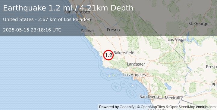 Earthquake 18 km SW of Simmler, CA (1.2 ml) (2025-05-15 23:18:16 UTC)