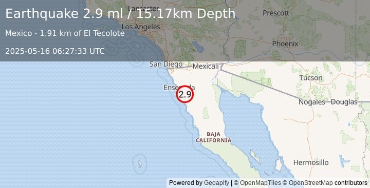 Earthquake 23 km ESE of Maneadero, B.C., MX (2.9 ml) (2025-05-16 06:27:33 UTC)