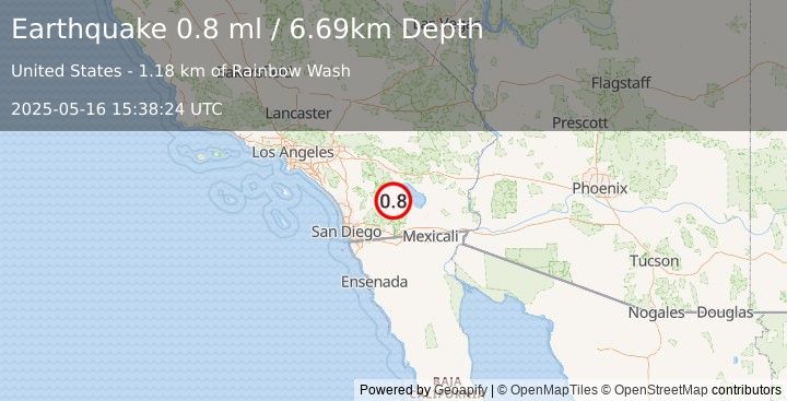 Earthquake 13 km NW of Ocotillo Wells, CA (0.8 ml) (2025-05-16 15:38:24 UTC)