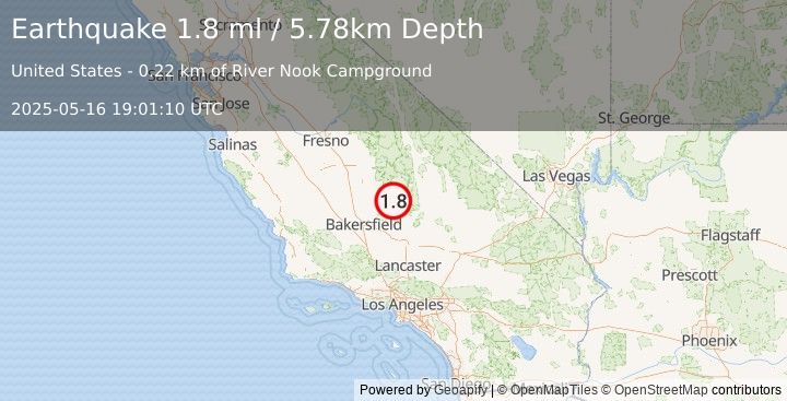 Earthquake 1 km NE of Kernville, CA (1.8 ml) (2025-05-16 19:01:10 UTC)