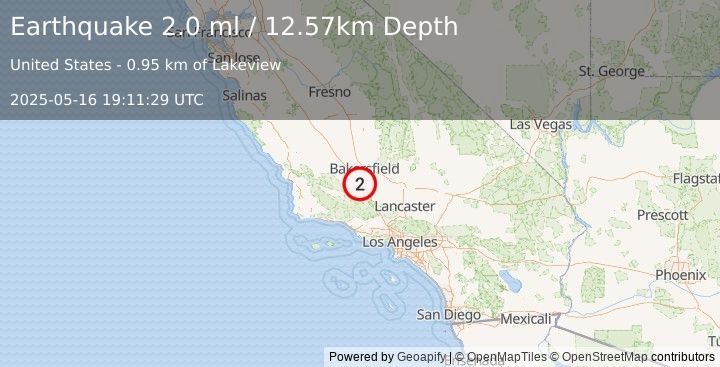 Earthquake 24 km NW of Grapevine, CA (2.0 ml) (2025-05-16 19:11:29 UTC)