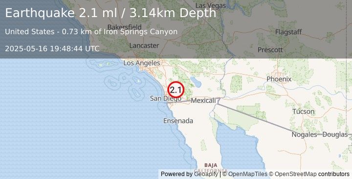 Earthquake 9 km ENE of San Diego Country Estates, CA (2.1 ml) (2025-05-16 19:48:44 UTC)