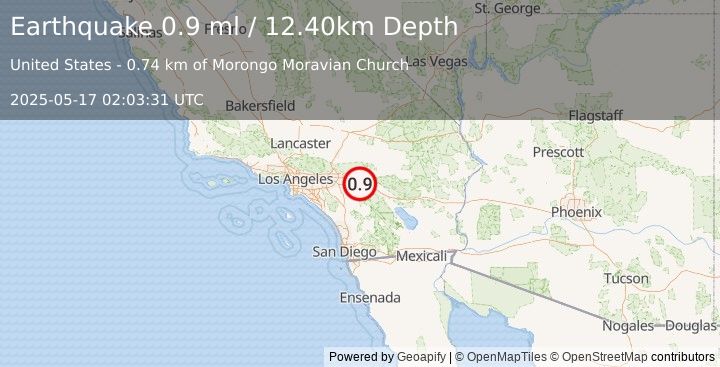 Earthquake 6 km NW of Cabazon, CA (0.9 ml) (2025-05-17 02:03:31 UTC)