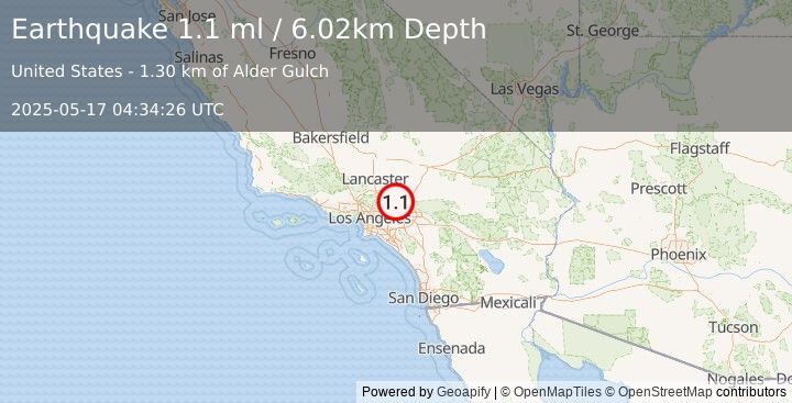 Earthquake 9 km WSW of Wrightwood, CA (1.1 ml) (2025-05-17 04:34:26 UTC)