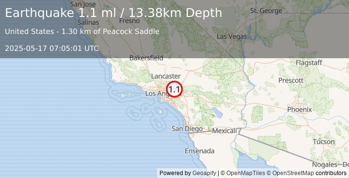 Earthquake 12 km NNE of La Verne, CA (1.1 ml) (2025-05-17 07:05:01 UTC)