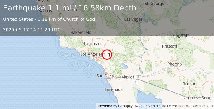 Earthquake 5 km W of Yucaipa, CA (1.1 ml) (2025-05-17 14:11:29 UTC)