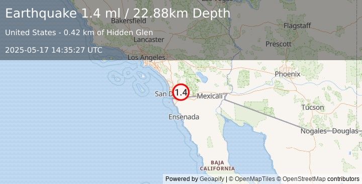 Earthquake 7 km SSE of Alpine, CA (1.4 ml) (2025-05-17 14:35:27 UTC)