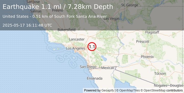 Earthquake 10 km S of Big Bear City, CA (1.1 ml) (2025-05-17 16:11:48 UTC)