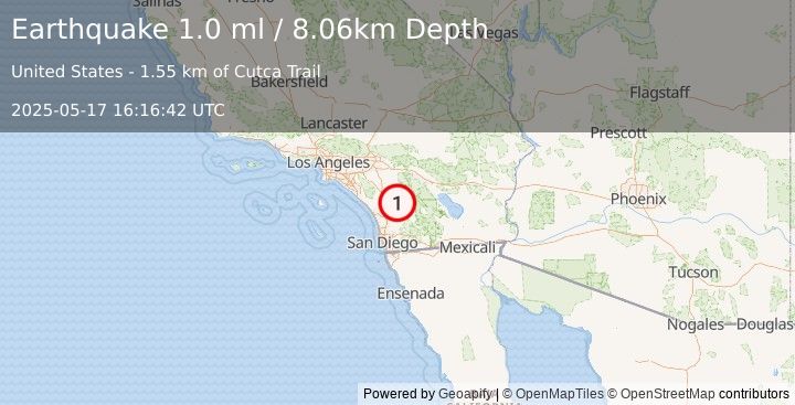 Earthquake 3 km N of Palomar Observatory, CA (1.0 ml) (2025-05-17 16:16:42 UTC)
