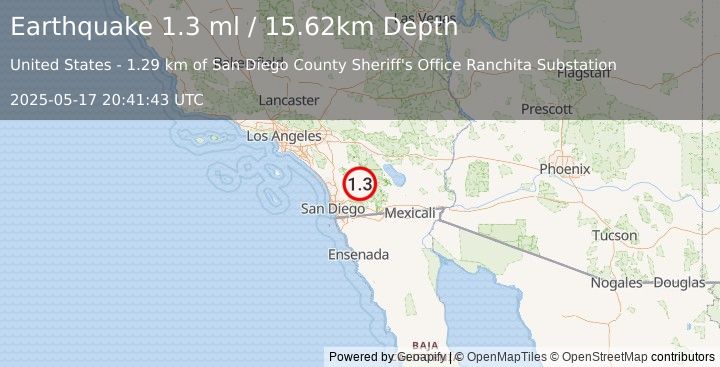 Earthquake 11 km NNE of Julian, CA (1.5 ml) (2025-05-17 20:41:42 UTC)