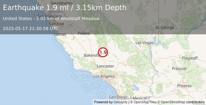 Earthquake 16 km ESE of Lake Isabella, CA (1.9 ml) (2025-05-17 21:30:58 UTC)