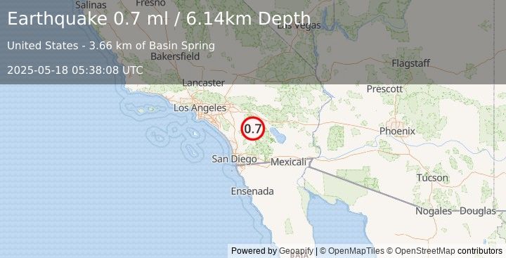 Earthquake 11 km SE of Anza, CA (0.7 ml) (2025-05-18 05:38:08 UTC)