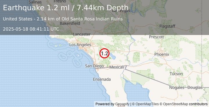 Earthquake 21 km SSW of La Quinta, CA (1.2 ml) (2025-05-18 08:41:11 UTC)